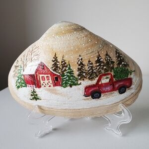 Original Winter Red Truck & Barn Snow Scene Hand-Painted 5.5" Farmhouse Seashell